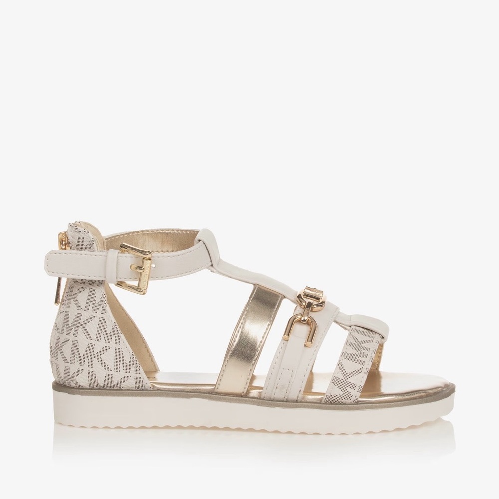 MICHAEL Michael Kors White and Gold Logo Strappy Sandals